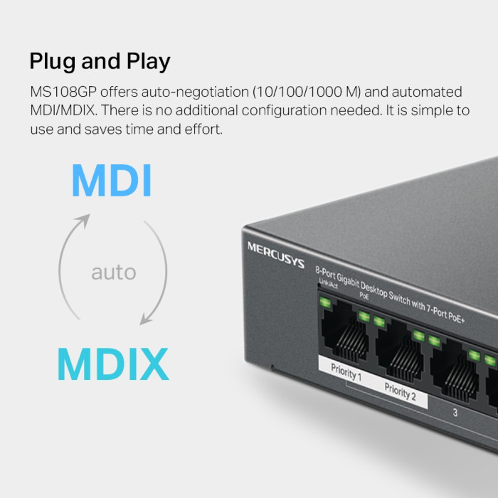 Mercusys MS108GP 8-Port Gigabit Desktop Switch with 7-Port PoE+ PORT: 7× Gigabit PoE+ Ports, 1× Gigabit Non-PoE Ports