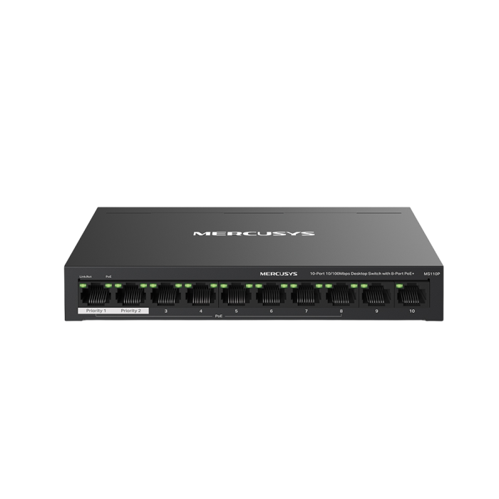 Mercusys MS110P 10-Port 10/100Mbps Desktop Switch with 8-Port PoE+ PORT: 8× 10/100 Mbps PoE+ Ports, 2× 10/100 Mbps Non-PoE Ports