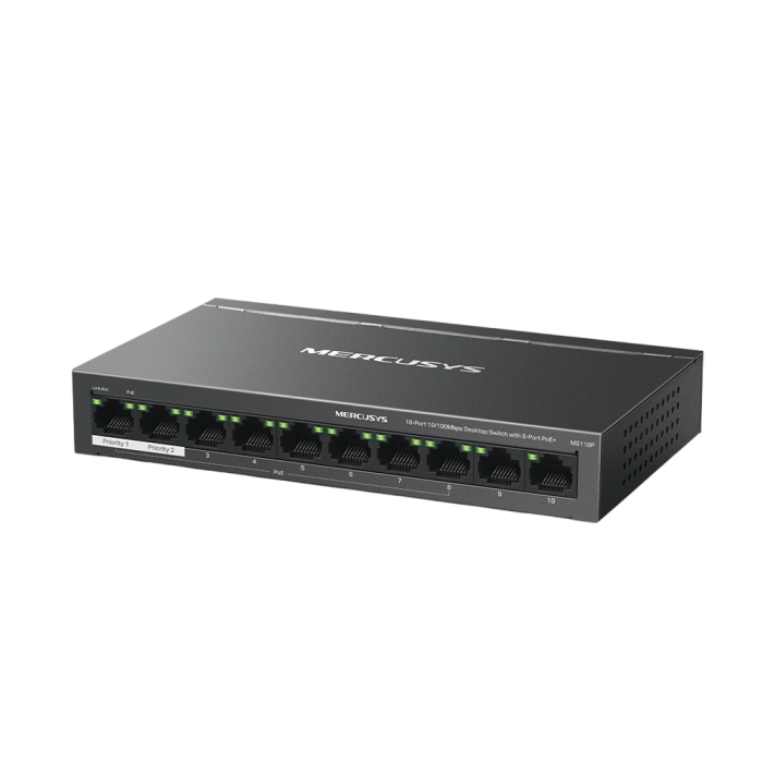 Mercusys MS110P 10-Port 10/100Mbps Desktop Switch with 8-Port PoE+ PORT: 8× 10/100 Mbps PoE+ Ports, 2× 10/100 Mbps Non-PoE Ports