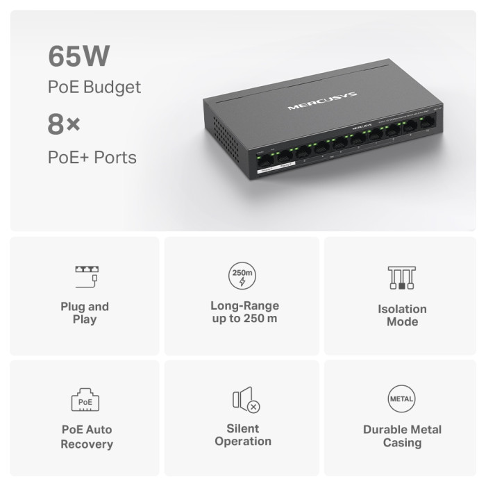 Mercusys MS110P 10-Port 10/100Mbps Desktop Switch with 8-Port PoE+ PORT: 8× 10/100 Mbps PoE+ Ports, 2× 10/100 Mbps Non-PoE Ports