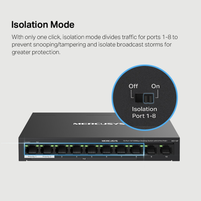 Mercusys MS110P 10-Port 10/100Mbps Desktop Switch with 8-Port PoE+ PORT: 8× 10/100 Mbps PoE+ Ports, 2× 10/100 Mbps Non-PoE Ports