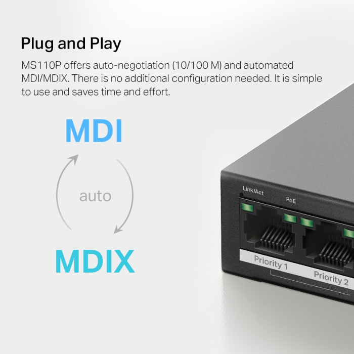 Mercusys MS110P 10-Port 10/100Mbps Desktop Switch with 8-Port PoE+ PORT: 8× 10/100 Mbps PoE+ Ports, 2× 10/100 Mbps Non-PoE Ports