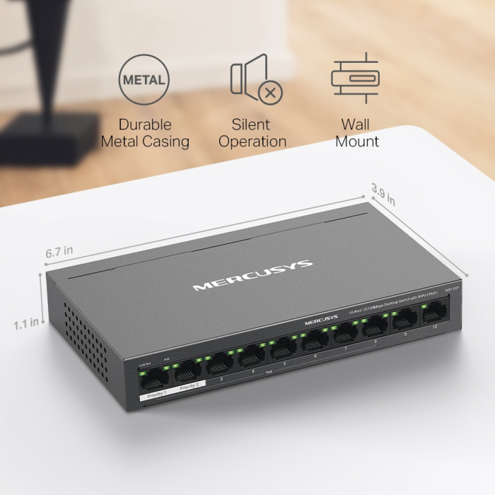 Mercusys MS110P 10-Port 10/100Mbps Desktop Switch with 8-Port PoE+ PORT: 8× 10/100 Mbps PoE+ Ports, 2× 10/100 Mbps Non-PoE Ports