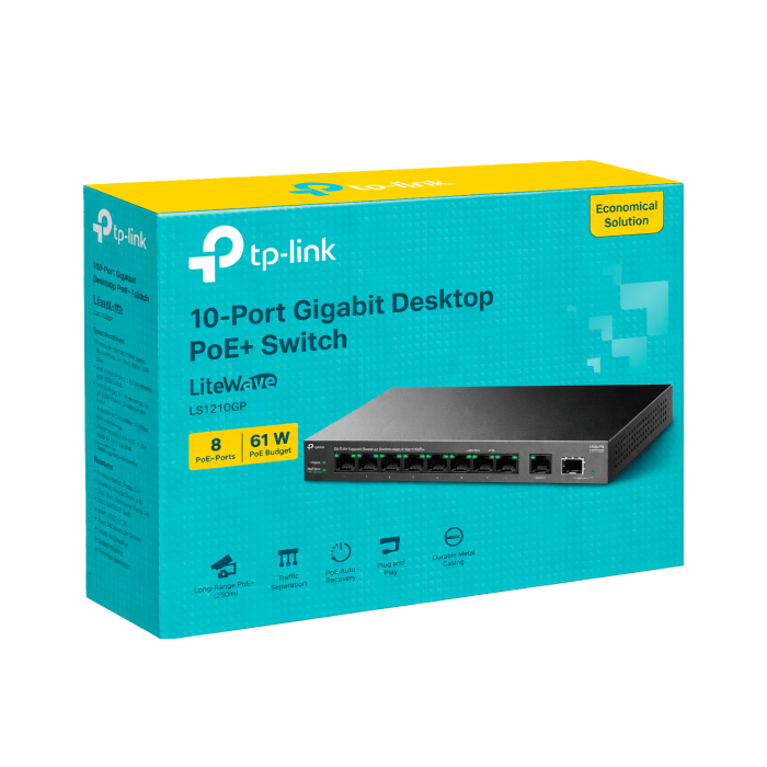 TP-Link LS1210GP / Настольный гигабитный коммутатор на 10 портов с поддержкой PoE+ на 8 портов.