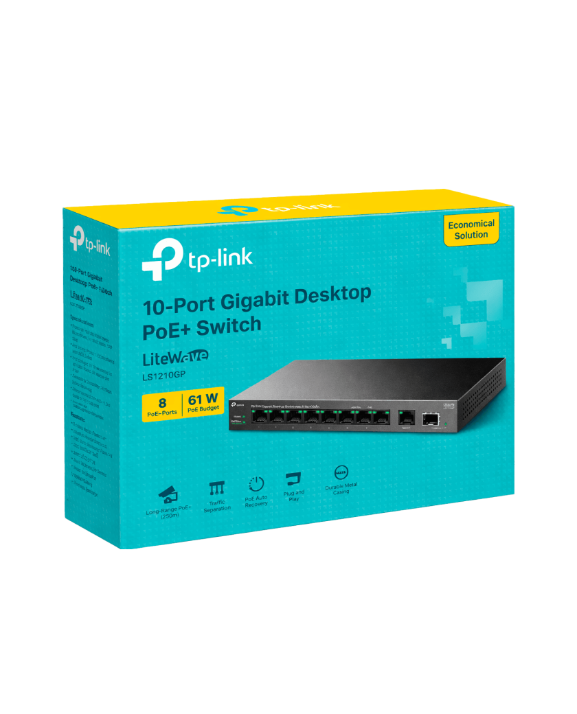 TP-Link LS1210GP / Настольный гигабитный коммутатор на 10 портов с поддержкой PoE+ на 8 портов.