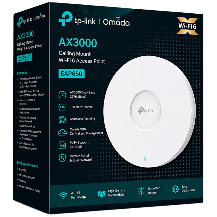 TP-Link Omada EAP650 / AX3000 Гигабитная беспроводная потолочная точка доступа Wi-Fi 6