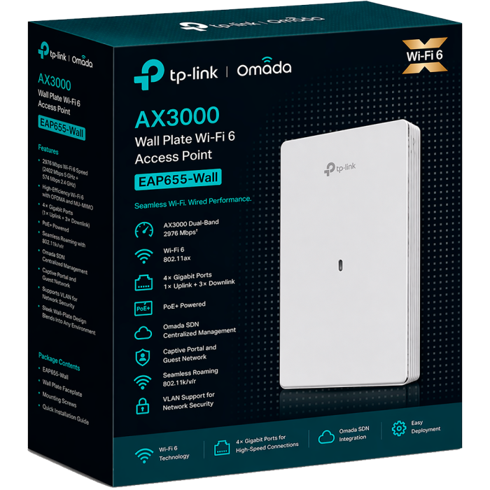 TP-Link Omada EAP655-Wall / AX3000 Гигабитная беспроводная точка доступа Wi-Fi 6, встраиваемая в стену