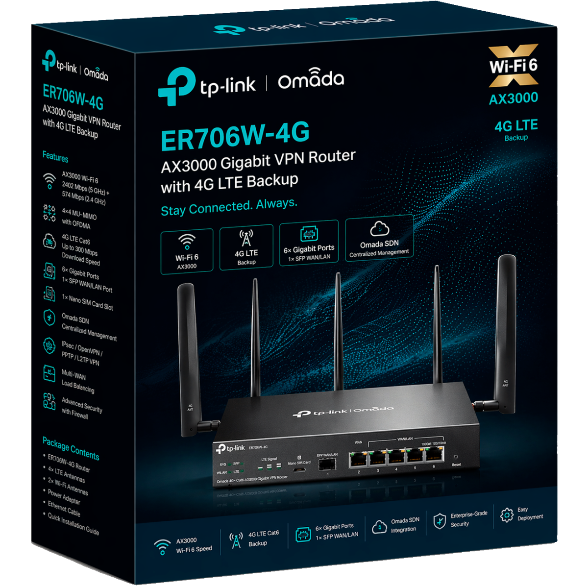 TP-Link Omada ER706W-4G / AX3000 Гигабитный VPN маршрутизатор Omada 4G+ Cat6