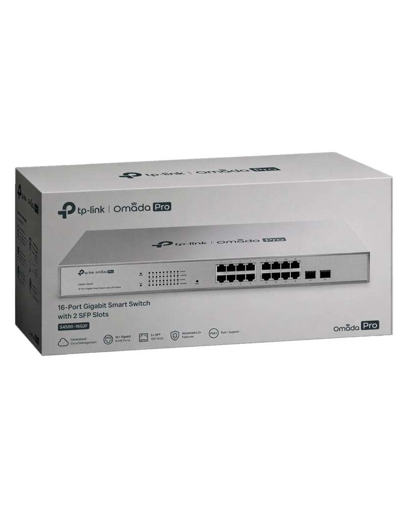TP-Link Omada Pro S4500-16G2F / Гигабитный интеллектуальный коммутатор с 16 портами и 2 слотами SFP.