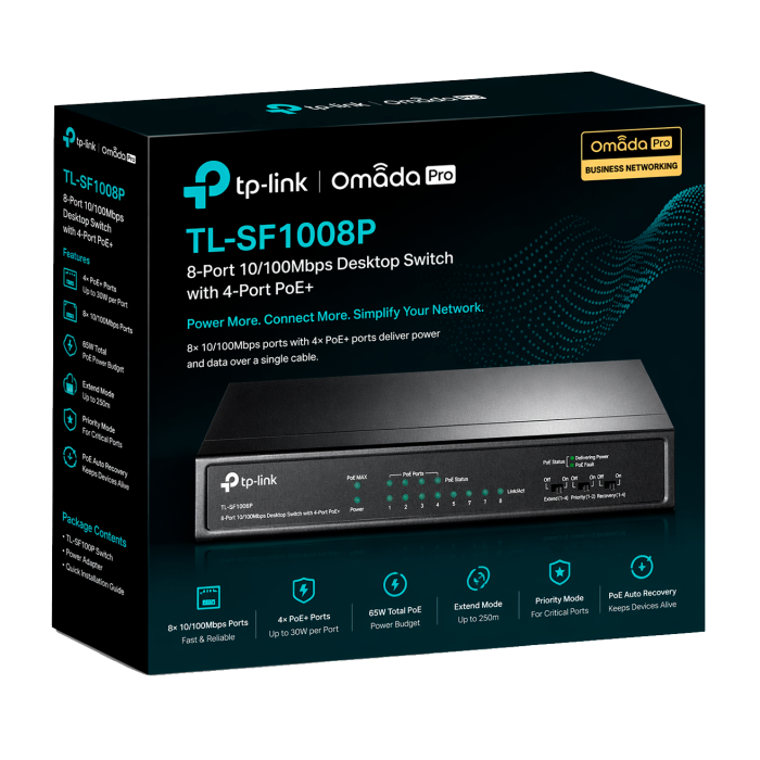 TP-Link TL-SF1008P / 8-портовый настольный коммутатор с 4-портами PoE+