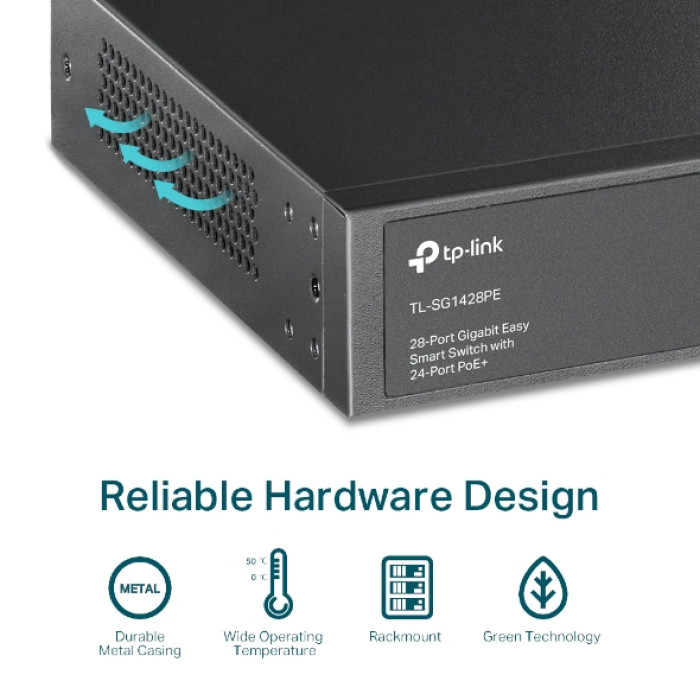 TP-Link TL-SG1428PE / Easy Smart гигабитный коммутатор с 24 портами PoE+, 2 портами без РоЕ и 2 SFP слотами