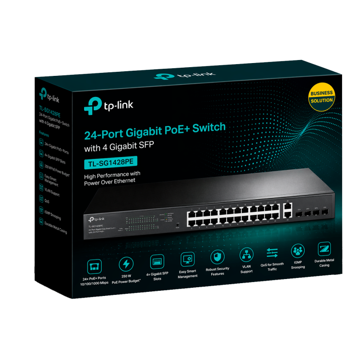 TP-Link TL-SG1428PE / Easy Smart гигабитный коммутатор с 24 портами PoE+, 2 портами без РоЕ и 2 SFP слотами