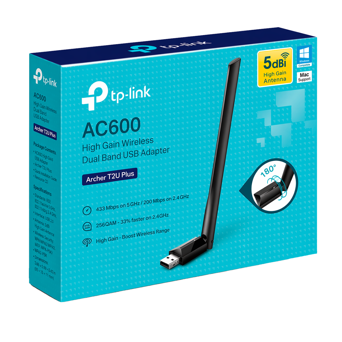 TP-Link Archer T2U Plus / AC600 Двухдиапазонный беспроводной USB-адаптер высокого усиления