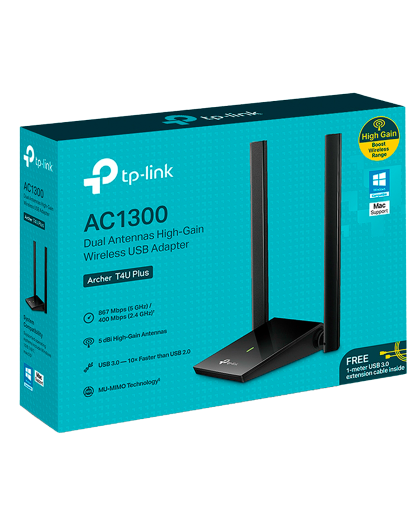 TP-Link Archer T4U Plus / AC1300 Двухдиапазонный беспроводной USB-адаптер Wi-Fi высокого усиления
