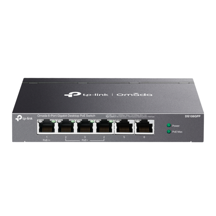9 TP-Link Omada DS106GPP / 6-портовый гигабитный неуправляемый настольный коммутатор с 3-портовым PoE+ и 1-портовым PoE++