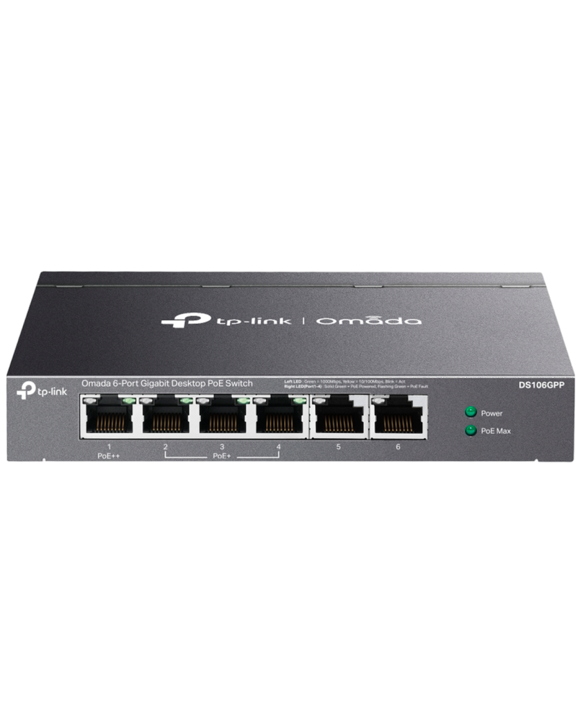 TP-Link Omada DS106GPP / 6-портовый гигабитный неуправляемый настольный коммутатор с 3-портовым PoE+ и 1-портовым PoE++