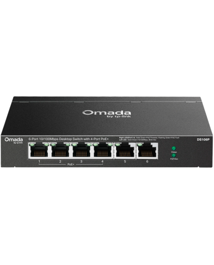9 TP-Link Omada DS106P / 6-портовый 10/100 Мбит/с неуправляемый настольный коммутатор с 4-портовым PoE+