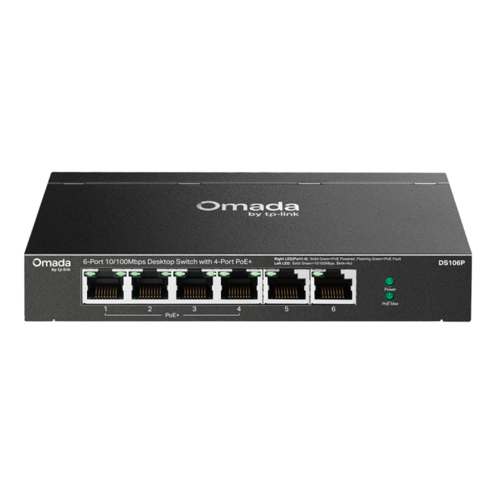 9 TP-Link Omada DS106P / 6-портовый 10/100 Мбит/с неуправляемый настольный коммутатор с 4-портовым PoE+