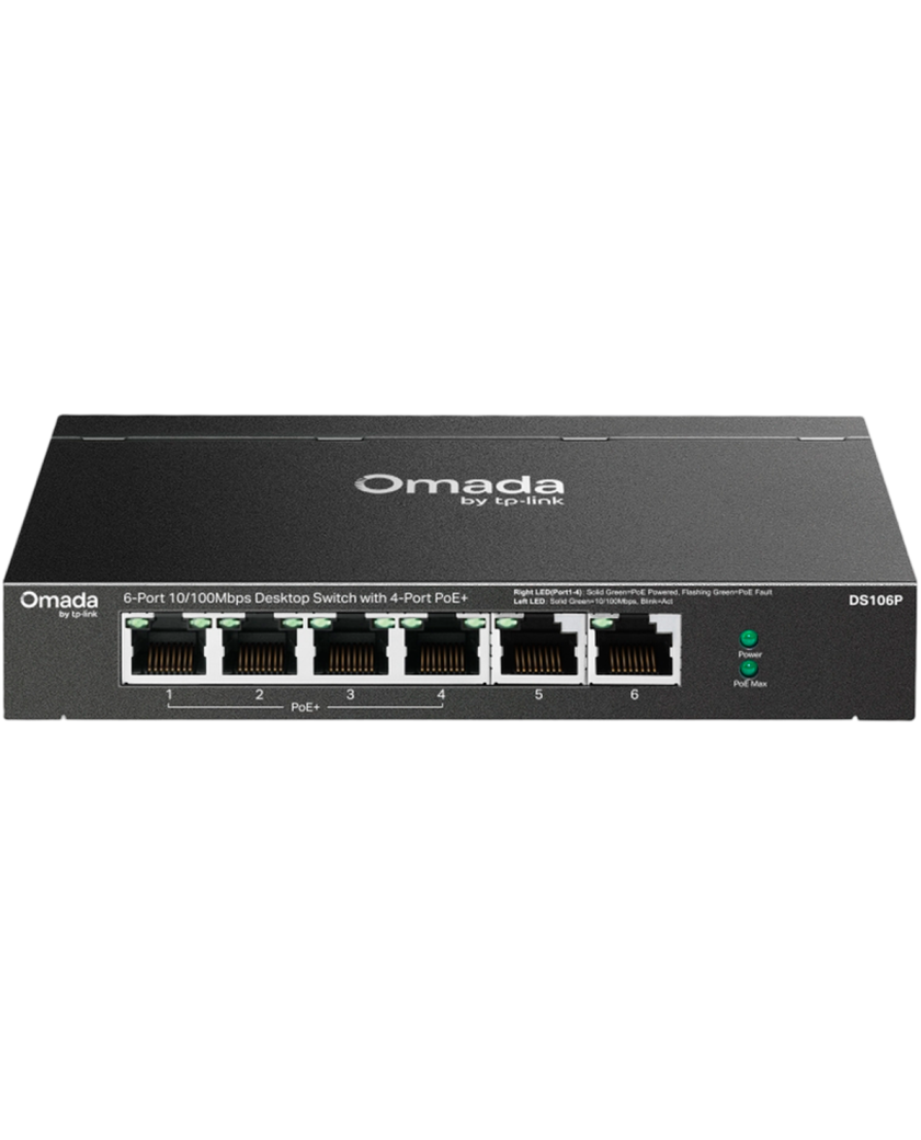 TP-Link Omada DS106P / 6-портовый 10/100 Мбит/с неуправляемый настольный коммутатор с 4-портовым PoE+
