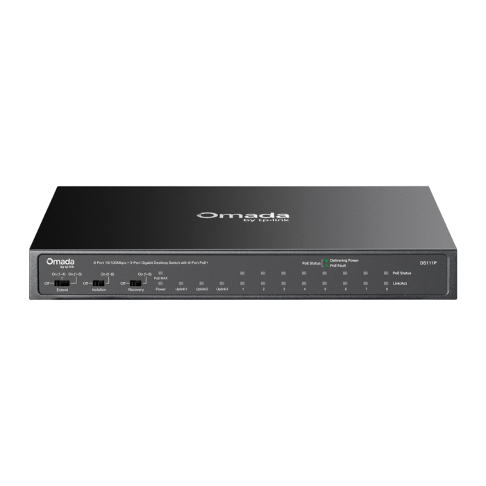 9 TP-Link Omada DS111P / 8-портовый 10/100 Мбит/с + 3-портовый гигабитный неуправляемый десктопный коммутатор с 8-портовым PoE+