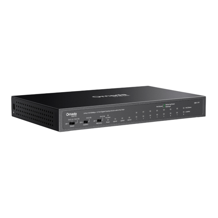 9 TP-Link Omada DS111P / 8-портовый 10/100 Мбит/с + 3-портовый гигабитный неуправляемый десктопный коммутатор с 8-портовым PoE+