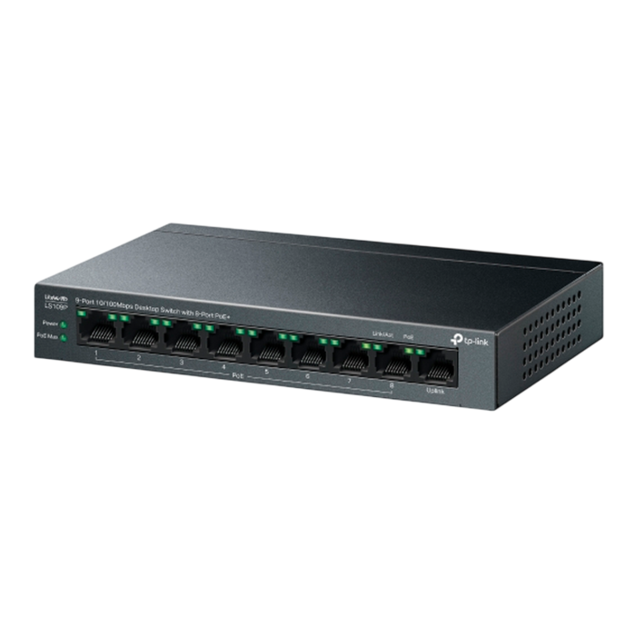 TP-Link LS109P / Коммутатор неуправляемый 9-портовый PoE (8 портов PoE+ 10/100 Мбит/с, 1 порт 10/100 Мбит/с без РоЕ)