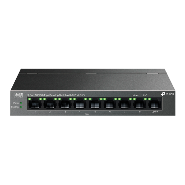 TP-Link LS109P / Коммутатор неуправляемый 9-портовый PoE (8 портов PoE+ 10/100 Мбит/с, 1 порт 10/100 Мбит/с без РоЕ)
