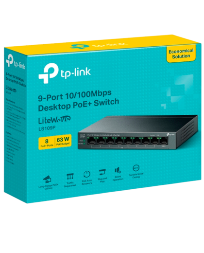 TP-Link LS109P / Коммутатор неуправляемый 9-портовый PoE (8 портов PoE+ 10/100 Мбит/с, 1 порт 10/100 Мбит/с без РоЕ)