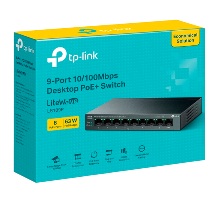 TP-Link LS109P / Коммутатор неуправляемый 9-портовый PoE (8 портов PoE+ 10/100 Мбит/с, 1 порт 10/100 Мбит/с без РоЕ)