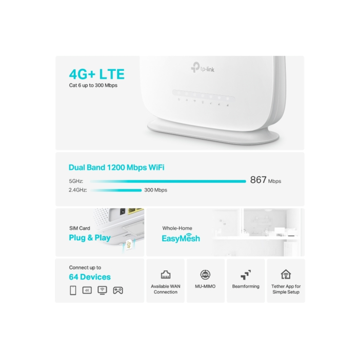 TP-Link Archer MR505 / AC1200 Двухдиапазонный беспроводной гигабитный 4G+ Cat.6 LTE маршрутизатор
