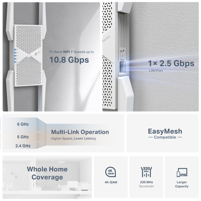 TP-Link RE655BE / BE11000 Трехдиапазонный усилитель сигнала Wi-Fi 7 с поддержкой Mesh