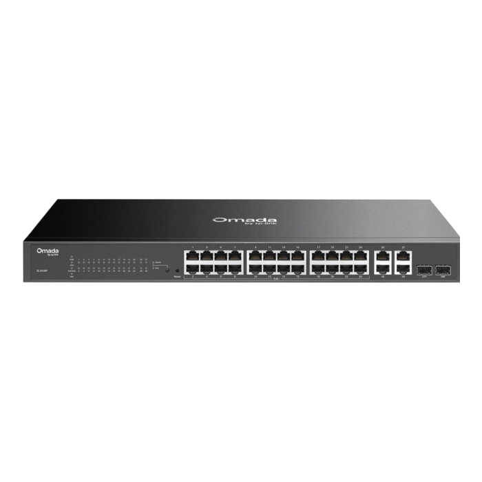 TP-Link Omada SL2428P / 24‑портовый управляемый РоЕ-коммутатор Smart Fast Ethernet, 2 гигабитными портами без РоЕ и 2 SFP слотами