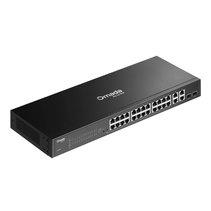 TP-Link Omada SL2428P / 24‑портовый управляемый РоЕ-коммутатор Smart Fast Ethernet, 2 гигабитными портами без РоЕ и 2 SFP слотами