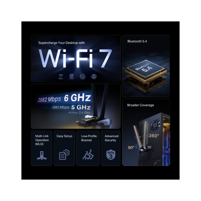 TP-Link Archer TBE400E / BE6500 Трехдиапазонный беспроводной PCIe-адаптер Wi-Fi 7 с поддержкой Bluetooth 5.4