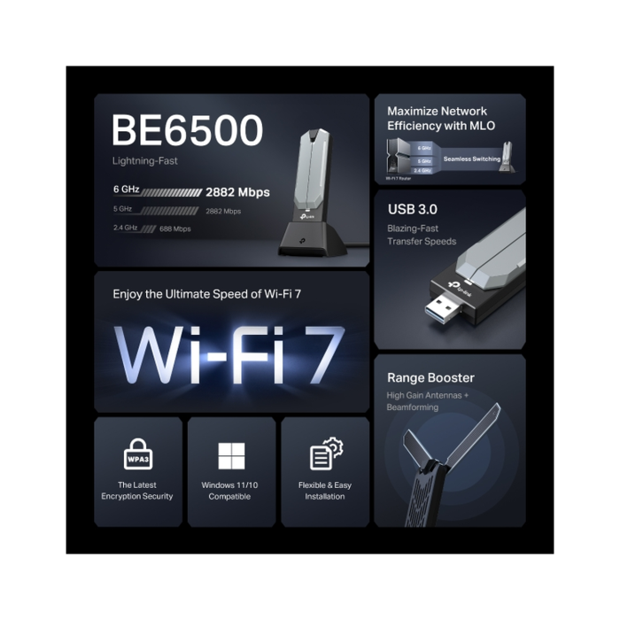TP-Link Archer TBE400UH / BE6500 Трехдиапазонный беспроводной USB-адаптер высокого усиления Wi-Fi 7