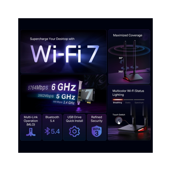 TP-Link Archer TBE550E / BE9300 Треххдиапазонный беспроводной PCIe-адаптер Wi-Fi 7 с поддержкой Bluetooth 5.4