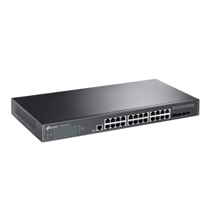 TP-Link TL-SG3428X-UPS / JetStream Управляемый коммутатор уровня 2+ с 24 гигабитными портами RJ45, 4 портами SFP+ и источником балансового питания