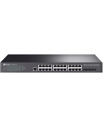 TP-Link TL-SG3428X-UPS / JetStream Управляемый коммутатор уровня 2+ с 24 гигабитными портами RJ45, 4 портами SFP+ и источником балансового питания