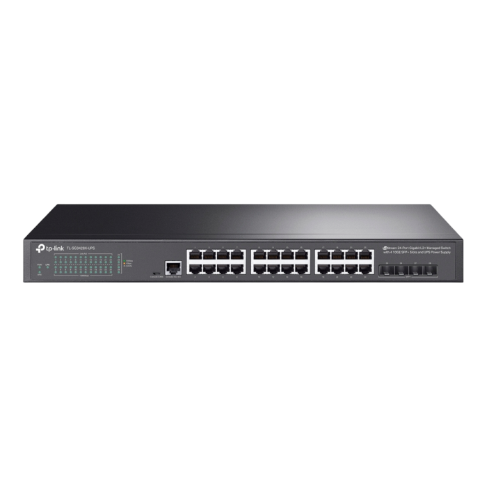 TP-Link TL-SG3428X-UPS / JetStream Управляемый коммутатор уровня 2+ с 24 гигабитными портами RJ45, 4 портами SFP+ и источником балансового питания