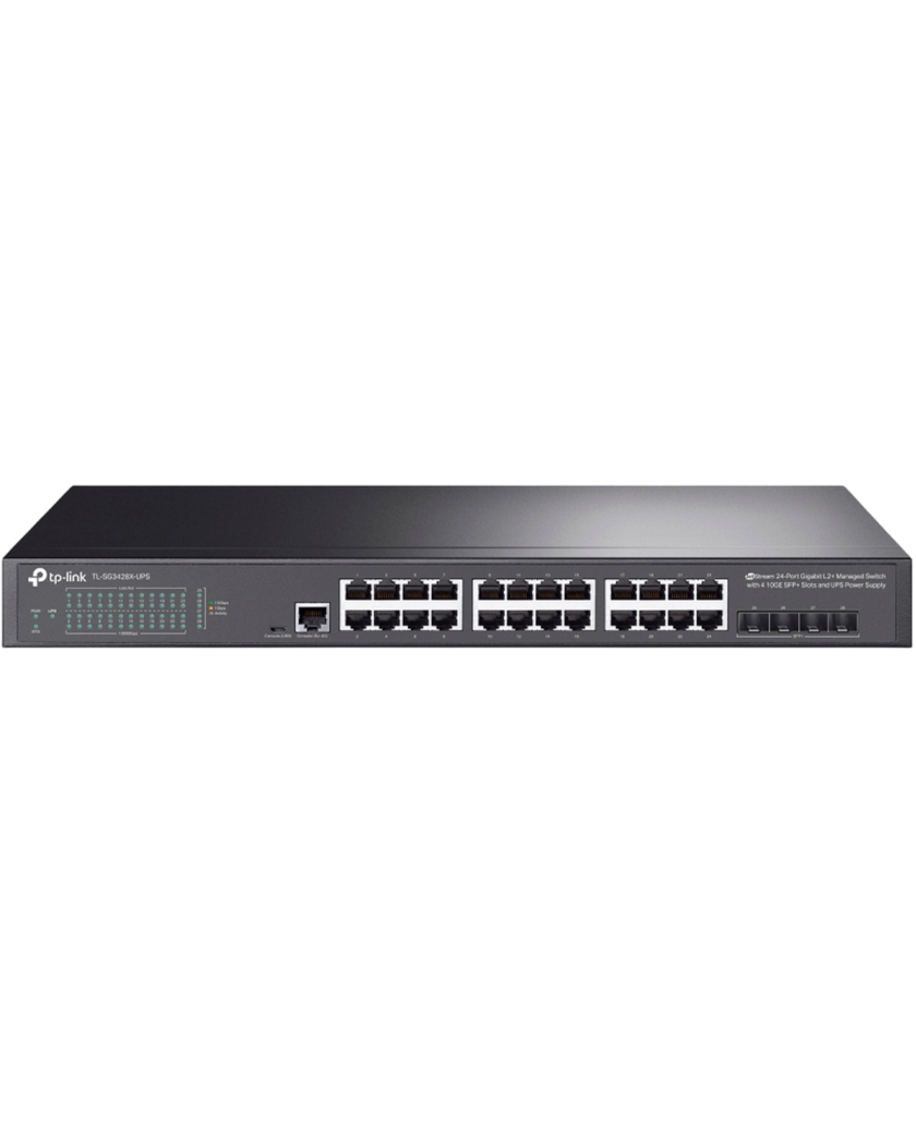 TP-Link TL-SG3428X-UPS / JetStream Управляемый коммутатор уровня 2+ с 24 гигабитными портами RJ45, 4 портами SFP+ и источником балансового питания