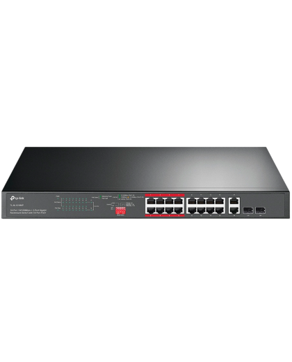 TP-Link TL-SL1218MP / Неуправляемый PoE-коммутатор (16 портов PoE+ 10/100 Мбит/с, 2 гигабитных порта без PoE и 2 слота SFP)