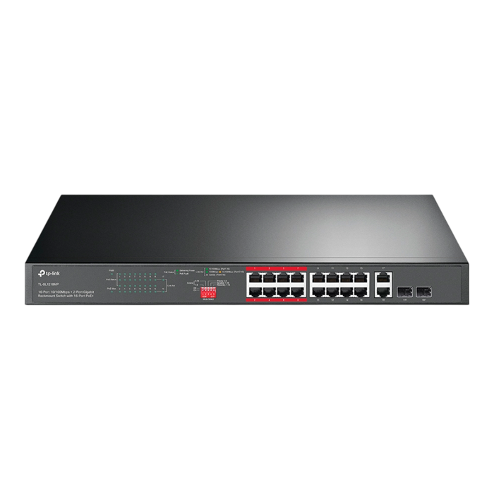 TP-Link TL-SL1218MP / Неуправляемый PoE-коммутатор (16 портов PoE+ 10/100 Мбит/с, 2 гигабитных порта без PoE и 2 слота SFP)