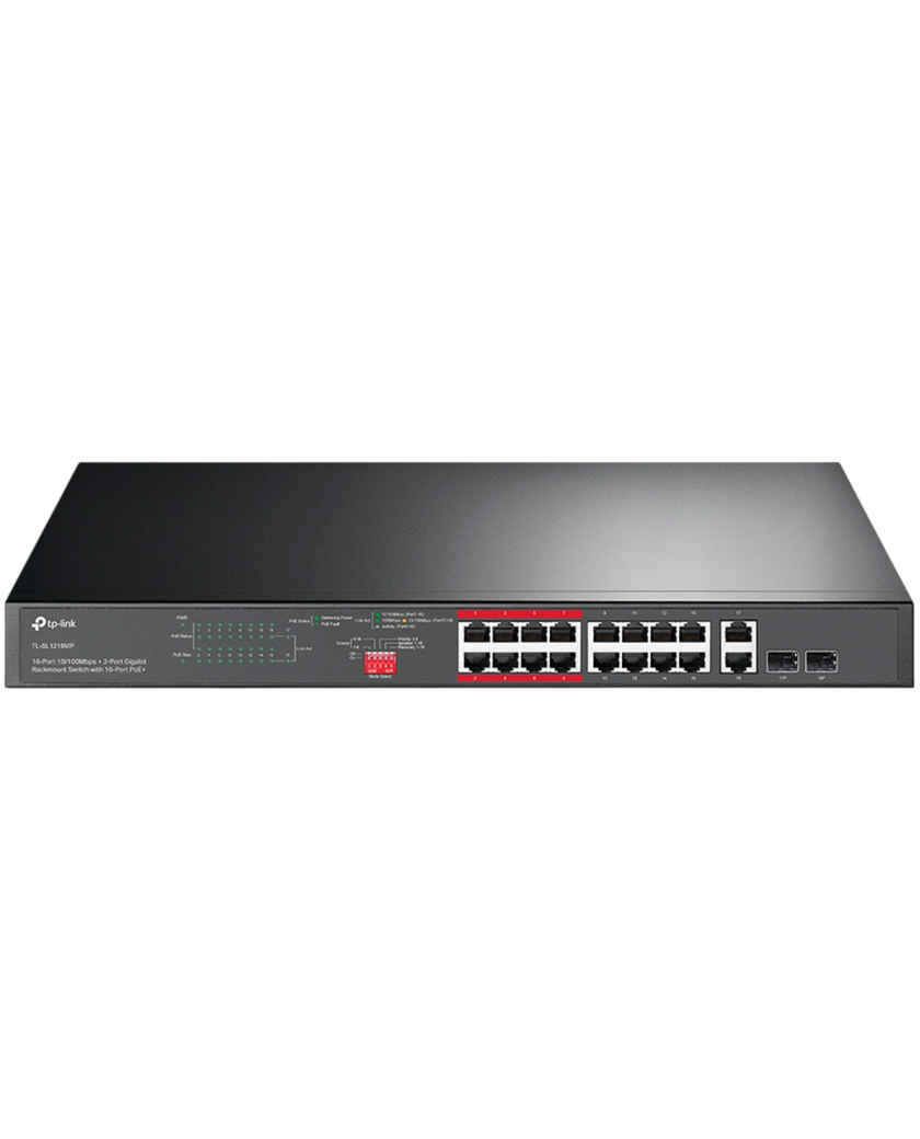 TP-Link TL-SL1218MP / Неуправляемый PoE-коммутатор (16 портов PoE+ 10/100 Мбит/с, 2 гигабитных порта без PoE и 2 слота SFP)