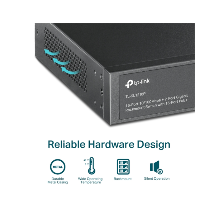 TP-Link TL-SL1218P / Неуправляемый PoE-коммутатор (16 портов PoE+ 10/100 Мбит/с, 1 гигабитный порт без PoE и 1 Combo-порт RJ45/SFP)
