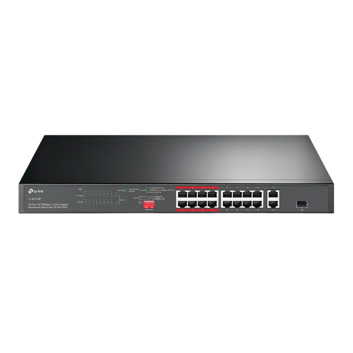 TP-Link TL-SL1218P / Неуправляемый PoE-коммутатор (16 портов PoE+ 10/100 Мбит/с, 1 гигабитный порт без PoE и 1 Combo-порт RJ45/SFP)