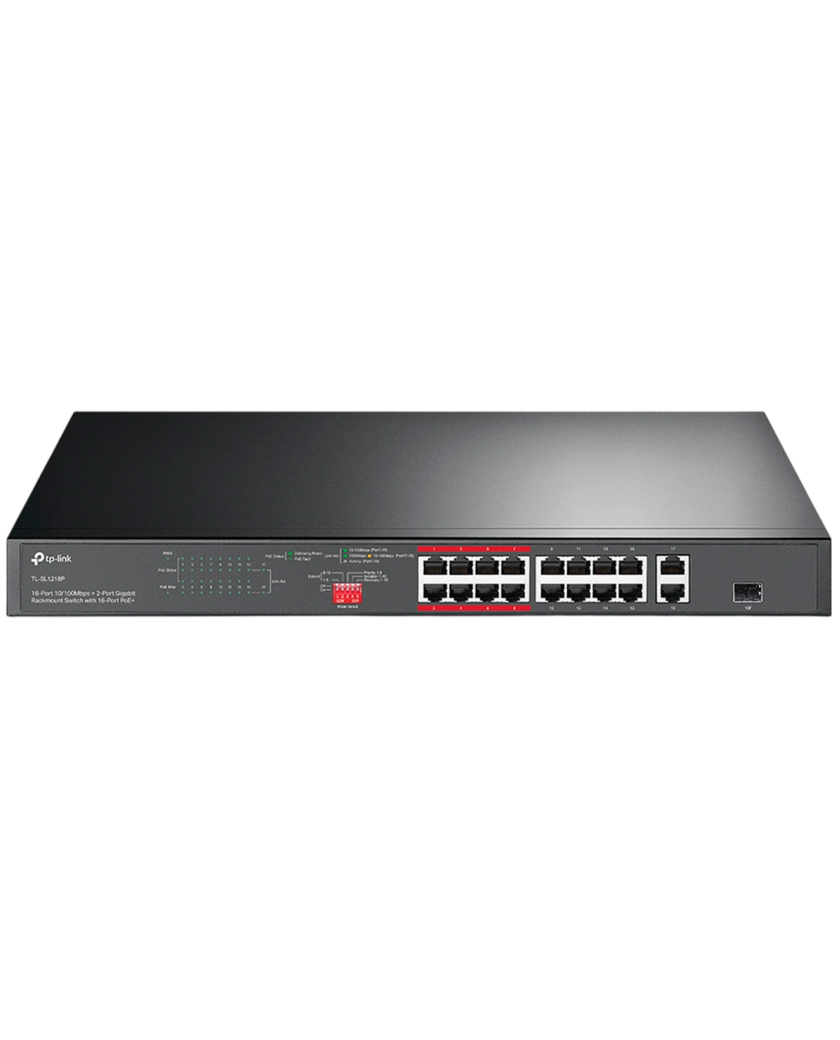 TP-Link TL-SL1218P / Неуправляемый PoE-коммутатор (16 портов PoE+ 10/100 Мбит/с, 1 гигабитный порт без PoE и 1 Combo-порт RJ45/SFP)