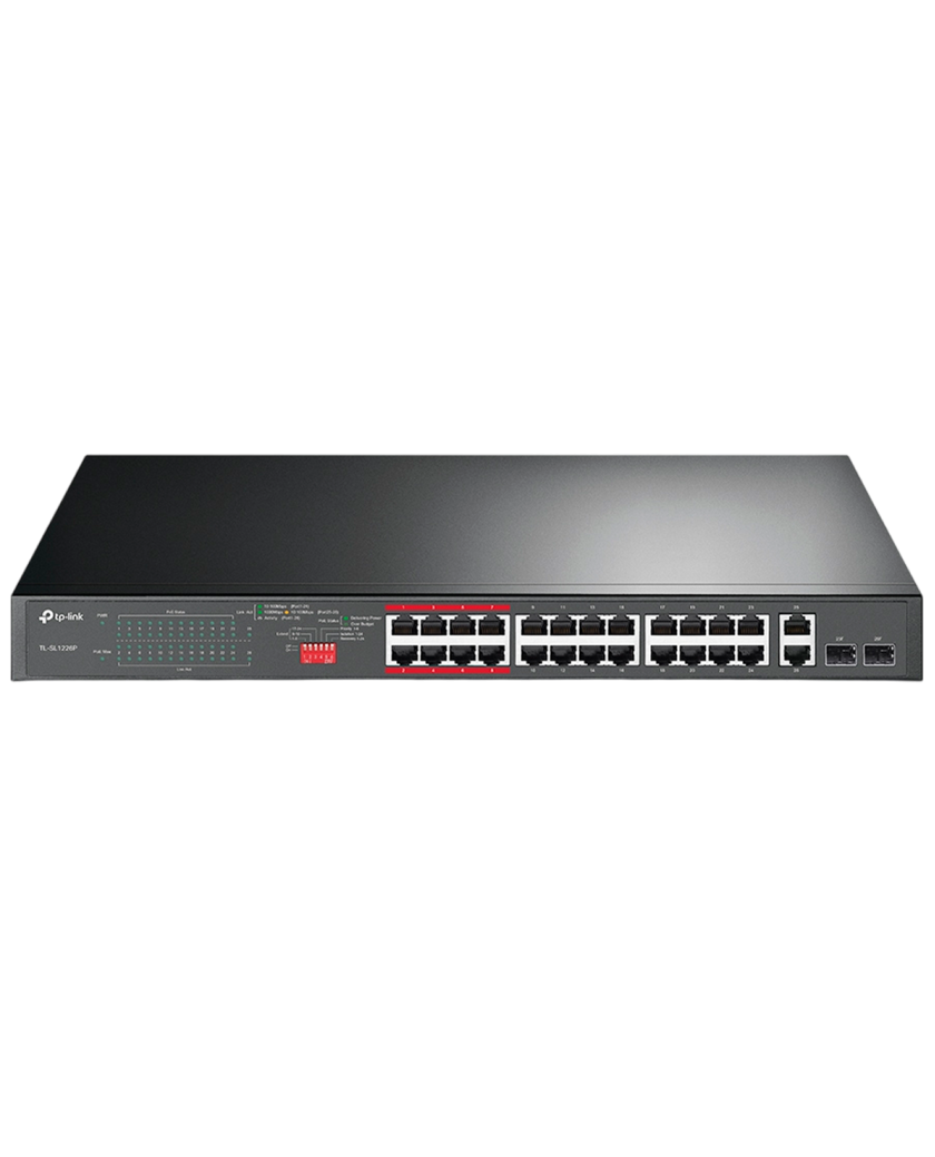 TP-LinTL-SL1226Pk  / Неуправляемый PoE-коммутатор (24 порта PoE+ 10/100 Мбит/с и 2 гигабитных Combo-порта RJ45/SFP)