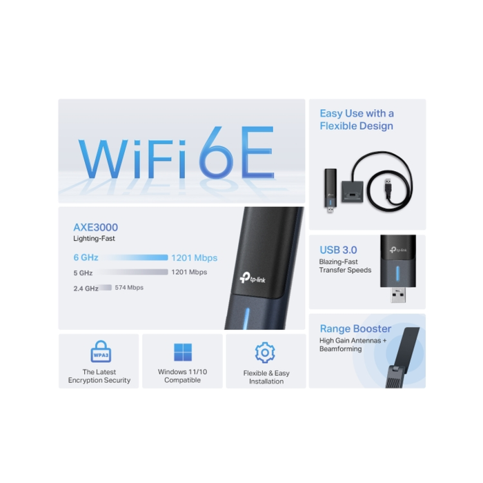 TP-Link Archer TXE50UH / AXE3000 Трехдиапазонный беспроводной USB-адаптер высокого усиления Wi-Fi 6E