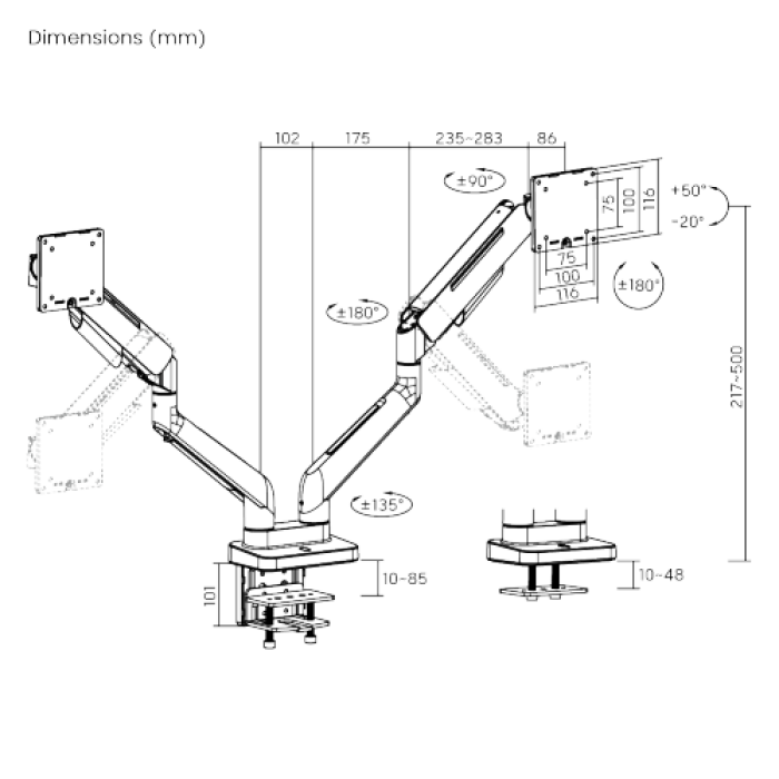 Кронштейн для 2х мониторов LUMI (Brateck) LDT85-C024 (17″–35″, до 20 кг) / White
