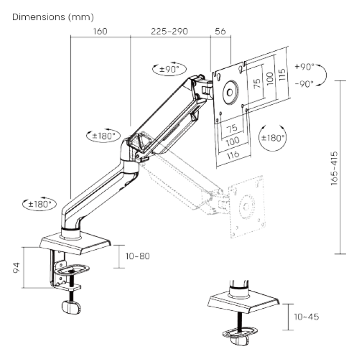 Кронштейн для монитора LUMI (Brateck) LDT88-C012 (17″–32″, до 9 кг) / Space Grey-White
